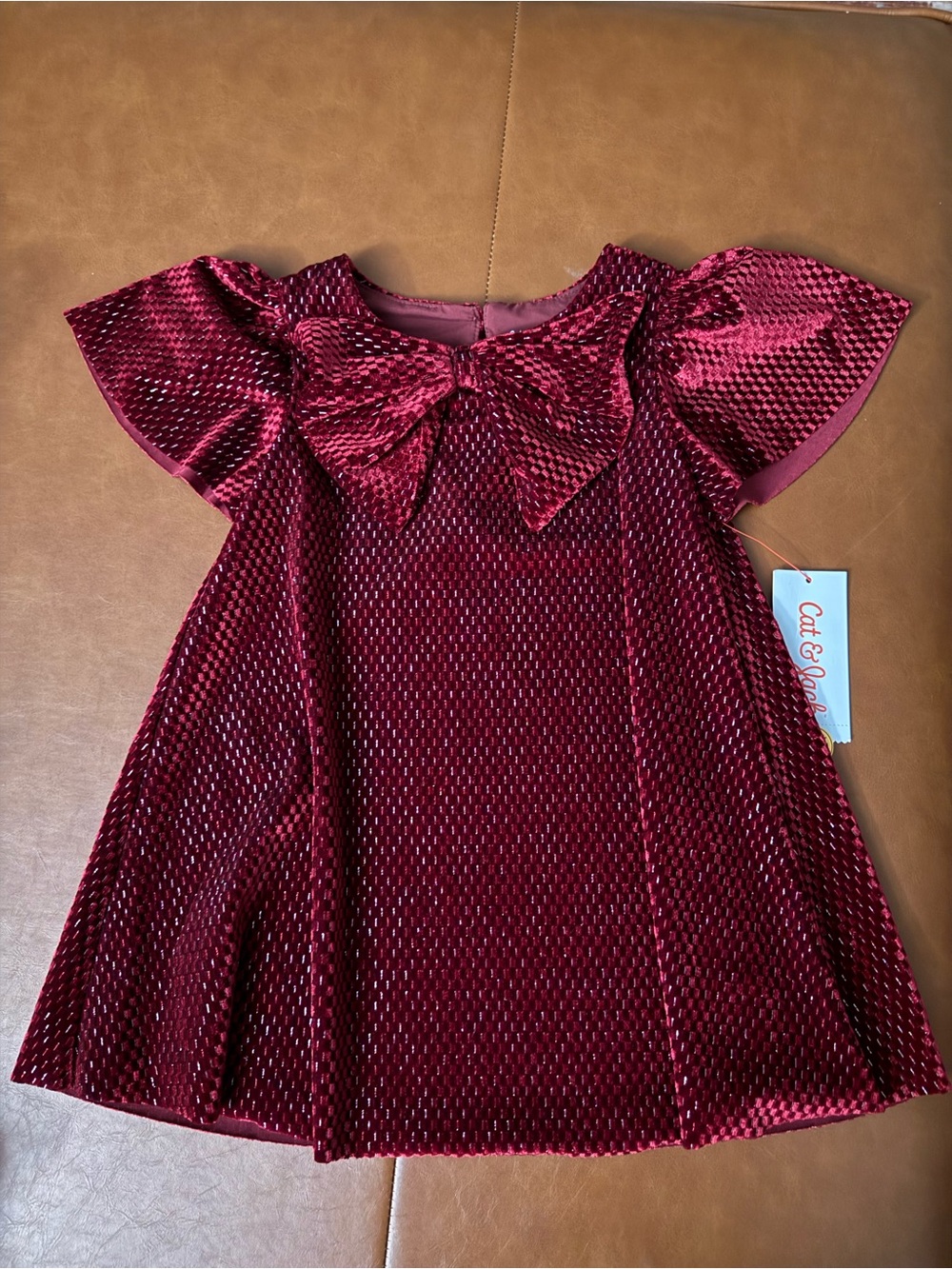Cat & Jack NWT Size 2T Toddler Girls' Velvet Bow Dress - Burgundy